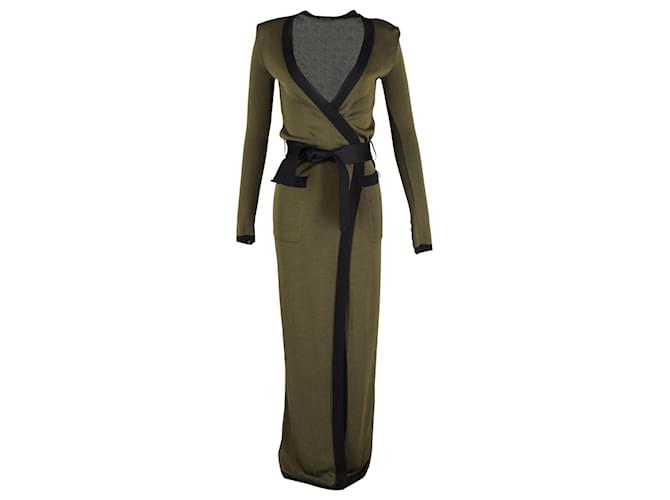 Balmain Maxi Cardigan Ceinturé Ouvert sur le Avant en Laine Verte  ref.1351637