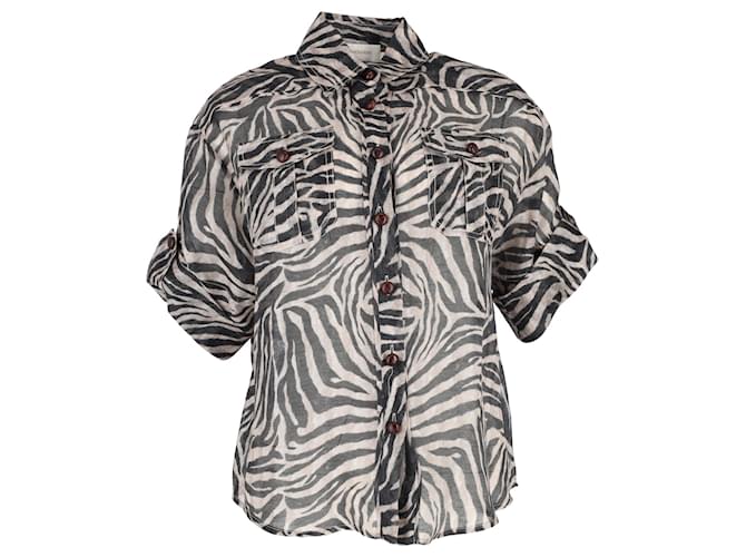 Kurzärmeliges Hemd mit Zebramuster von Zimmermann aus schwarzem und weißem Leinen.  ref.1351644