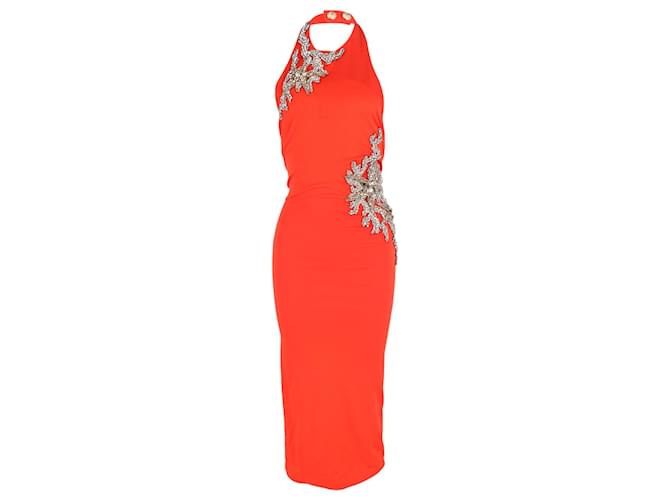 Balmain Vestido con cuello halter adornado con cristales en viscosa naranja Fibra de celulosa  ref.1351645