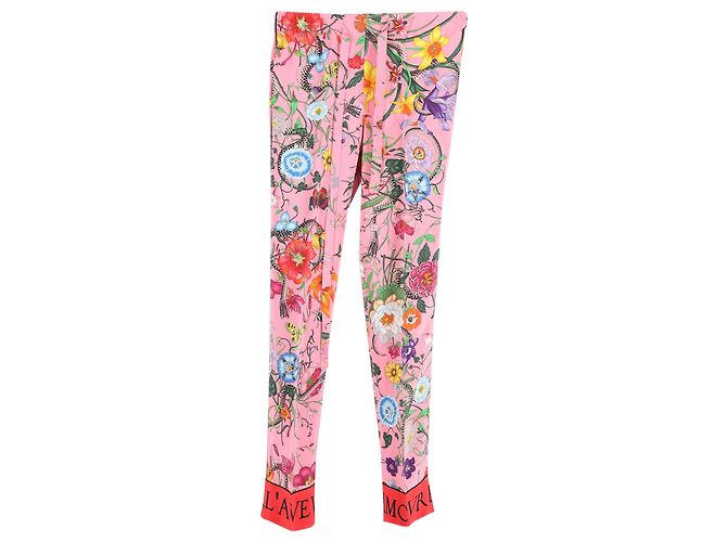 Calça Gucci Snake Flora Print em seda rosa