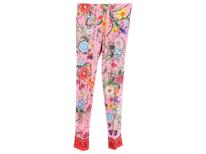 Pantalones con estampado floral de serpiente Gucci en seda rosa  ref.1351657