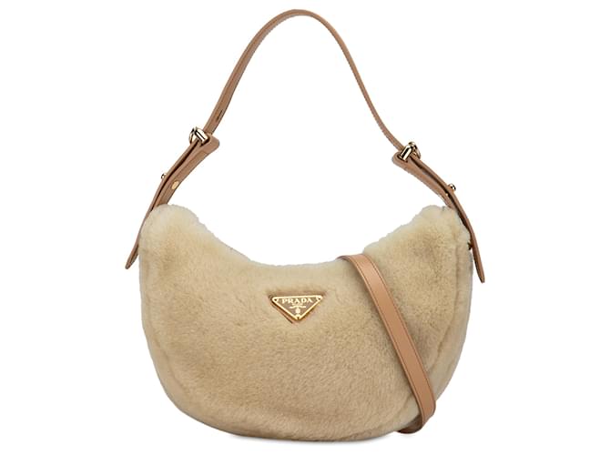 Prada Bolsa Marrom Shearling e Couro Arqué Bege Pele  ref.1351892