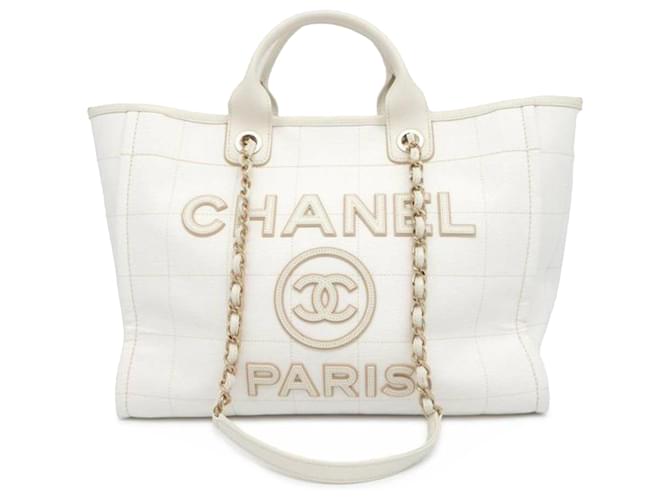 Borsa shopping Deauville in tela bianca media con punto quadrato Chanel Bianco Panno  ref.1351950