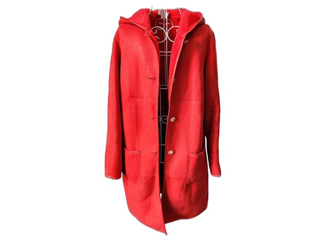 Manteau peau lainée Paule Ka Cuir Fausse Fourrure Rose Rouge  ref.1352052