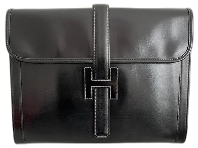 Maravilhosa bolsa Hermès Jige GM em couro box preto  ref.1352071