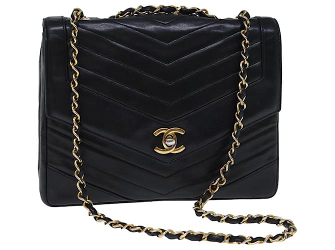 CHANEL Turn Lock Chain V Stitch Sac à main Peau d'agneau Noir CC Auth yk11929UNE Cuir  ref.1352159