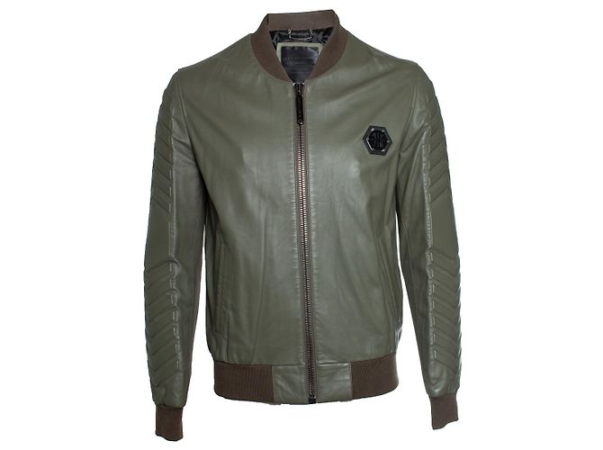 Philipp Plein, Lederjacke in Khaki Braun Grün