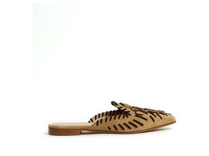 Alberta Ferretti Flats Mules EU39 Bege Camurça Pérolas US8