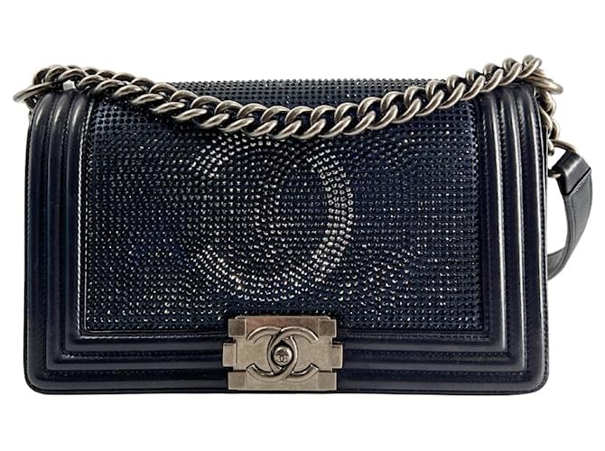 Chanel Boy Strass Medium Bag black / dark blue / very good Leather  ref.1354691