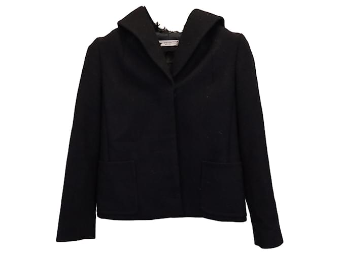 Prada Shearling-Lined Hooded Short Coat in Black Wool  ref.1355152