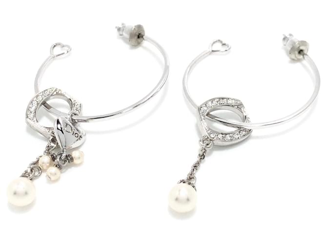 Boucles d'oreilles créoles Dior argentées avec strass et fausses perles Métal  ref.1355866
