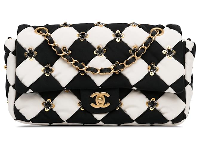 Chanel Black Medium Satin Métiers D’Art Checkered Embellished Flap Cloth  ref.1355870
