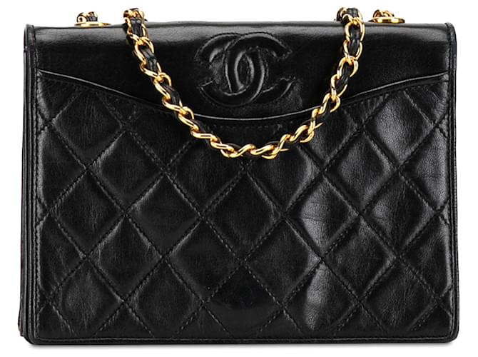 Crossbody Chanel Preto CC Acolchoado em Pele de Cordeiro Preto Couro  ref.1355891