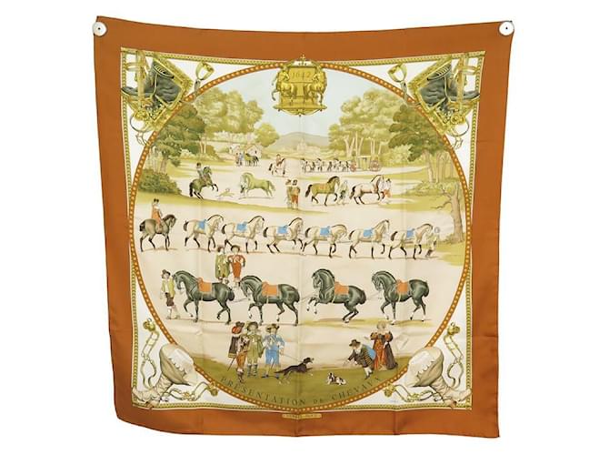 Hermès VINTAGE FOULARD HERMES PRESENTATION DES CHEVAUX LEDOUX CARRE 90 SOIE SCARF Marron  ref.1355928