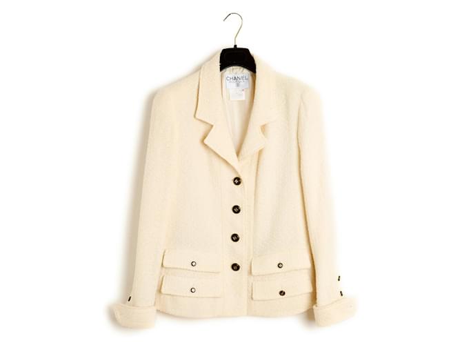 Chaqueta de lana bouclé Chanel Veste CC de 1995 en color crema, talla FR38 (equivale a US8). Crudo  ref.1356238