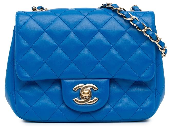 Chanel Azul Mini Quadrado Clássico Aba Única em Pele de Cordeiro Couro  ref.1356891