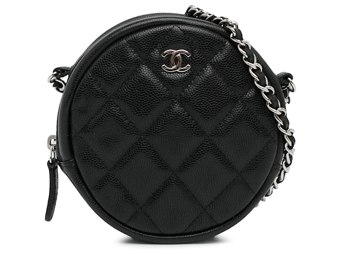 Chanel Schwarze CC gesteppte runde Kaviar-Clutch mit Kette Leder  ref.1356917