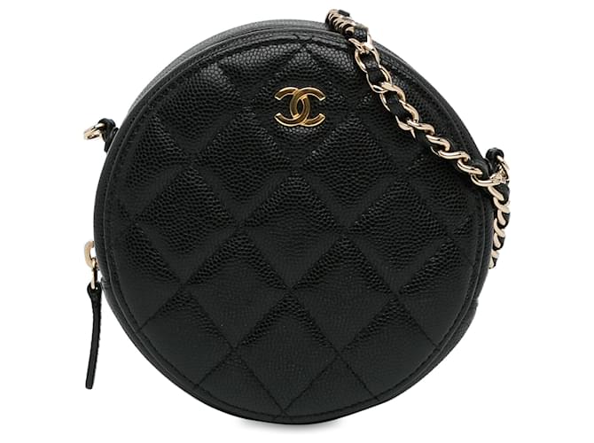 Chanel Black CC Quilted Caviar Round Clutch With Chain Leather  ref.1356941