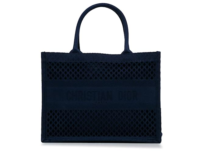 Tote tipo libro mediano de malla azul Dior Azul oscuro Paño  ref.1356945