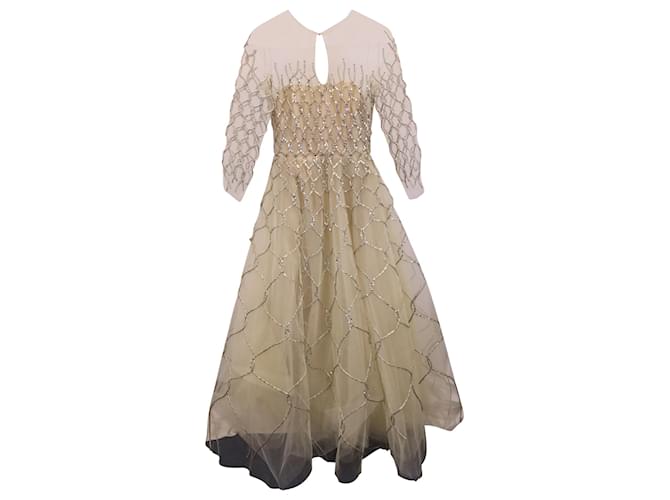 Abito in cordoncino con maniche a quarti Oscar de la Renta in tulle color crema Bianco Crudo Poliestere  ref.1357026