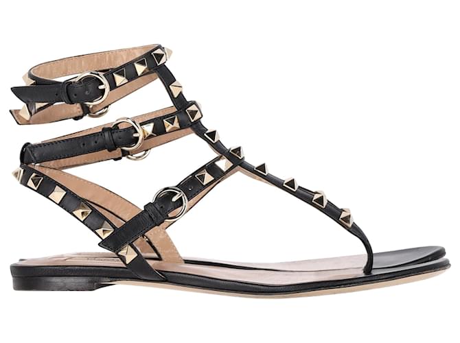 Valentino Garavani Rockstud Thong Flat Sandals in Black Leather  ref.1357028