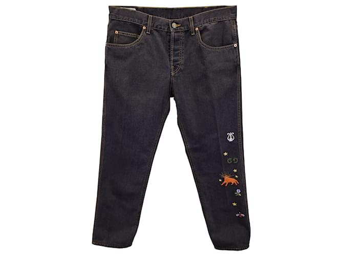 Gucci Embroidered Motif Slim-fit Jeans In Navy Blue Cotton  ref.1357044