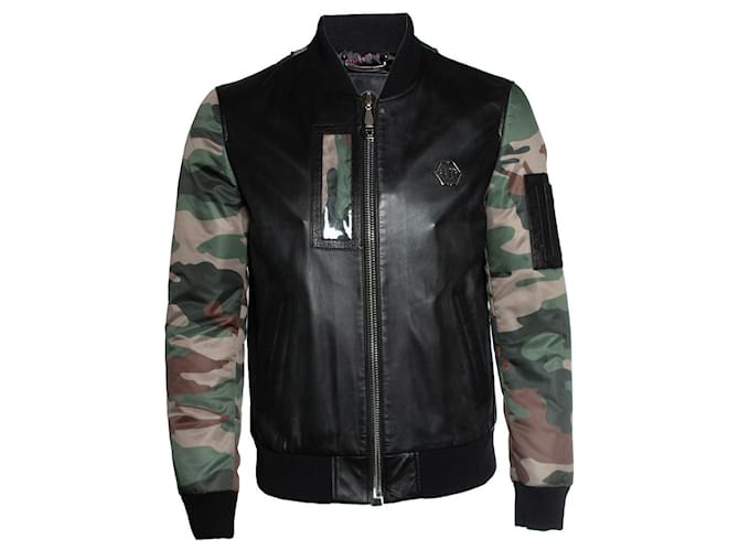 Philipp Plein, Leather bomber jacket Black Green Polyester  ref.1359201