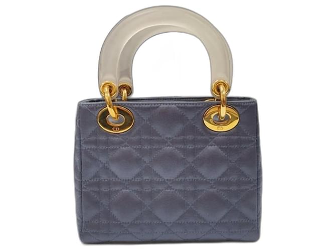 Christian Dior Mini Lady Dior Handtasche aus blaugrauem Satin Mehrfarben Leder  ref.1360242