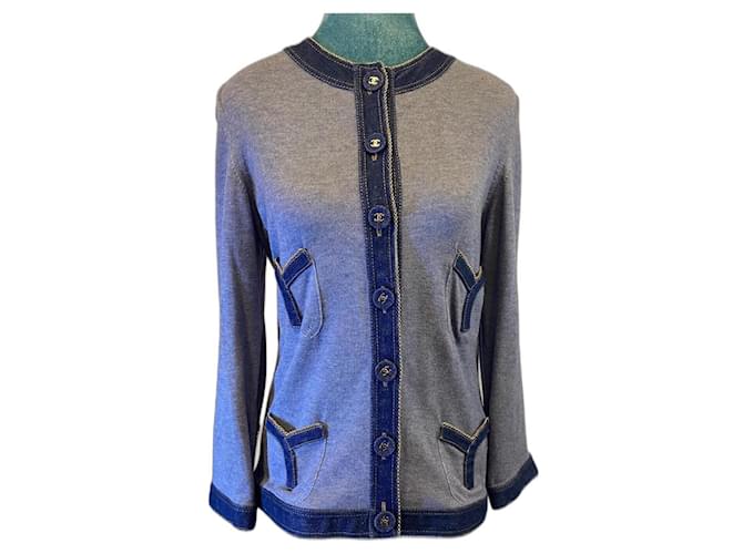 Chaqueta de cardigan con ribete de denim azul de primavera Chanel 07P Talla FR 40/42 Algodón Cachemira  ref.1360273