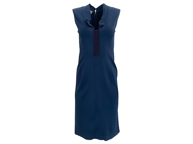 Autre Marque Valentino Navy Stretch Sleeveless Dress with Ruffle Blue Viscose  ref.1360455