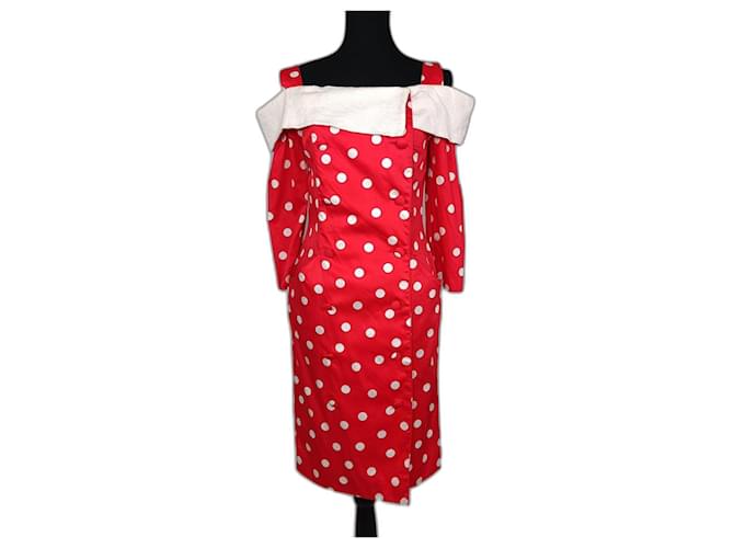 Vestido de cóctel vintage rojo de Carven con lunares. Blanco Roja Algodón  ref.1360679