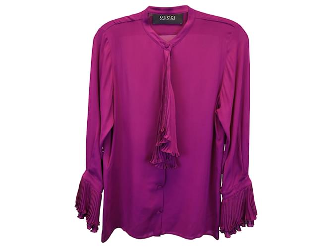 Gucci Plisse Ruffle Detail Long-Sleeve Top in Purple Silk  ref.1360705