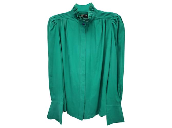 Isabel Marant Ruffled-Neck Button-Up Shirt in Green Silk  ref.1360717