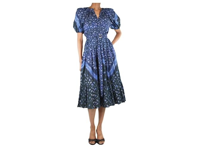 Ulla Johnson Robe midi imprimée bleue à manches bouffantes - taille XS Coton  ref.1360808