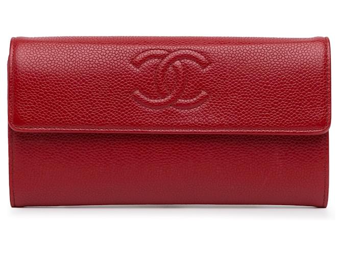 Portefeuille long CC Caviar rouge Chanel Cuir  ref.1360922