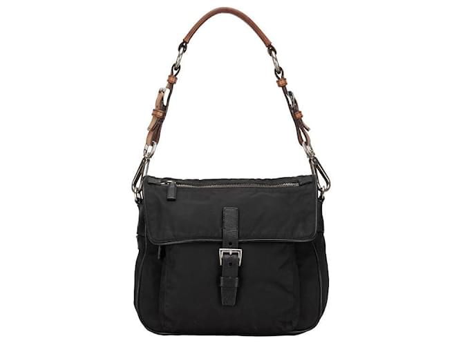 Bolsa de ombro Prada de nylon e couro com logo triangular em muito bom estado Preto Lona  ref.1361017