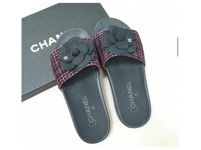 Chanel Camelia Tweed Sandals Flip Flops Multiple colors Leather  ref.1361204