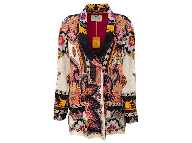 Autre Marque Etro Black / Ivory Multi Paisly Silk Open Front Jacket Pink Viscose  ref.1361254