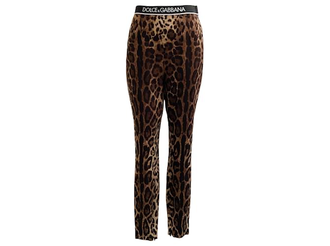 Autre Marque Dolce & Gabbana Pantalones con estampado de leopardo de seda y cinturilla con logo Castaño  ref.1361255