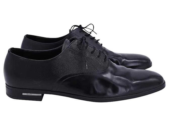 Prada Saffiano-Trimmed Oxford Derby Shoes in Black Calfskin Leather Pony-style calfskin  ref.1361324