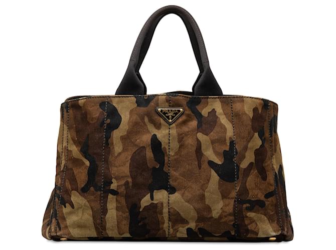 Bolso Tote Stampata Canapa De Camuflaje Grande Marrón De Prada Castaño Lienzo Paño  ref.1361374