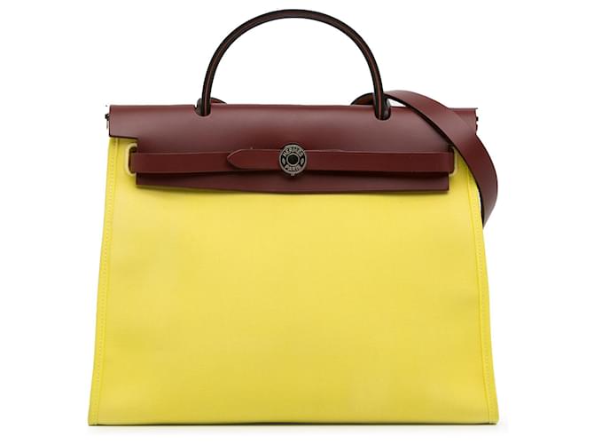 Hermès Yellow Toile Herbag Zip 31 Dark red Pony-style calfskin Cloth  ref.1361819