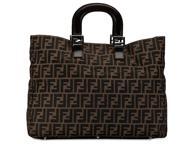 Fendi Braune große Zucca Twins Tragetasche Leder Leinwand Kalbähnliches Kalb Tuch  ref.1361834