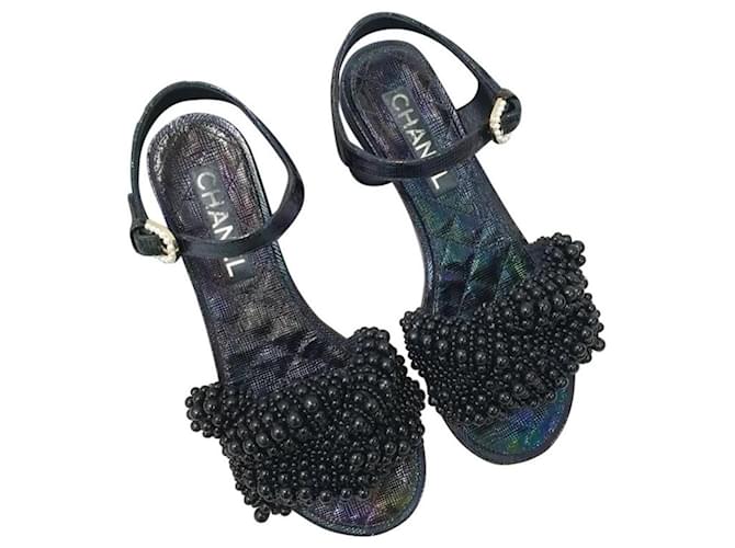 Sandálias Chanel Black Pearl Slingback Multicor Couro  ref.1362038