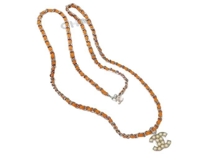 Chanel Orange Chain Pearl Pendant Necklace Multiple colors Metal  ref.1362053