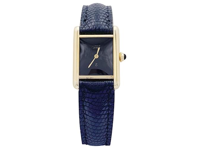 Cartier „Tank Must“ silbervergoldete Uhr, Schwarz lackiertes Zifferblatt. Leder Geld  ref.1362252