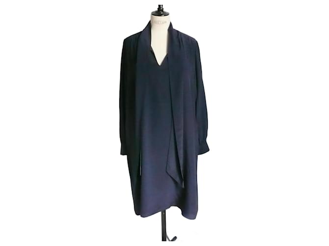 LK BENNETT Navy silk dress with long sleeves size 42 FR in very good condition Navy blue  ref.1362680