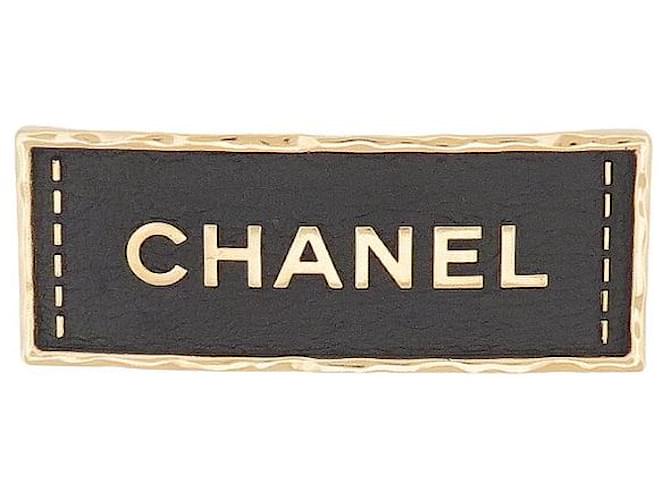 Other jewelry NEW CHANEL BROOCH LOGO PLATE LEATHER GOLD METAL LEATHER STEEL GOLDEN BROOCH Black  ref.1363030