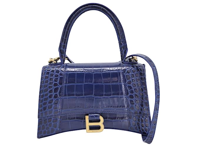 Balenciaga Small Croc-Embossed Hourglass Top Handle Bag in Blue Calfskin Leather Pony-style calfskin  ref.1363118