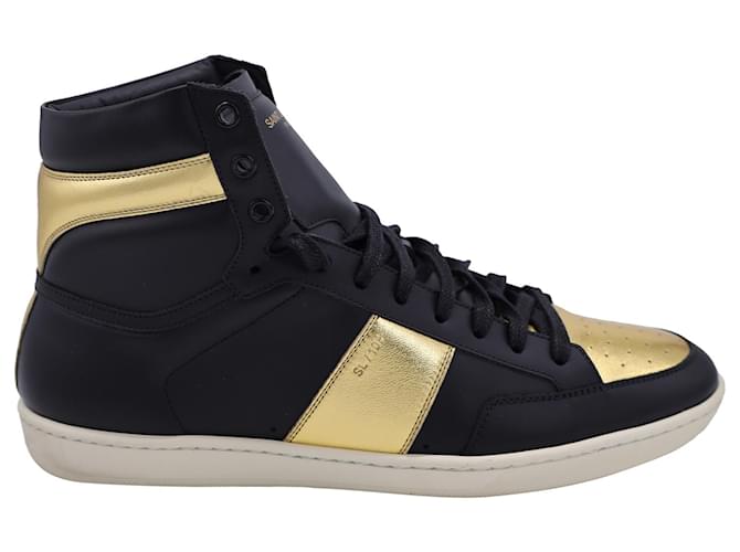 SAINT LAURENT SL/10 Tênis alto Court Classic em couro preto e dourado  ref.1363130